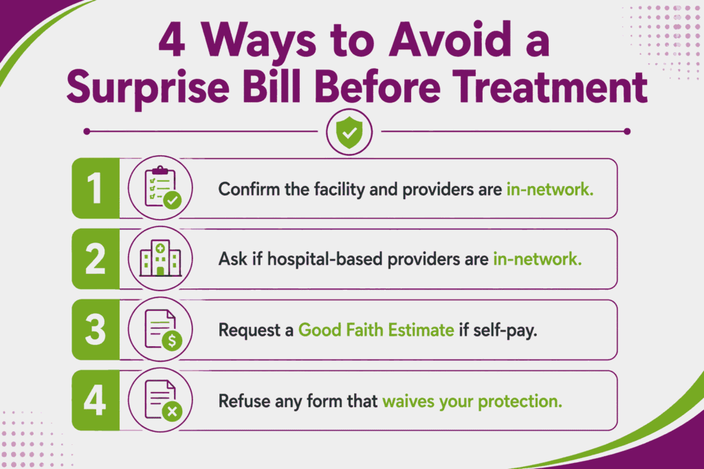 Checklist of four ways to avoid a surprise medical bill in Florida before treatment