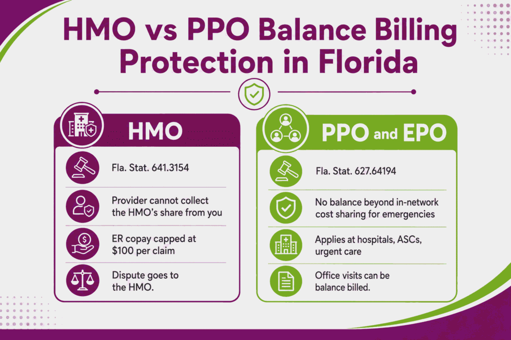 Comparison of HMO and PPO balance billing protection under Florida law