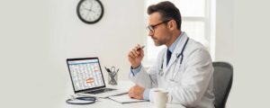 Doctor in white coat reviewing medical codes on a laptop in an office setting