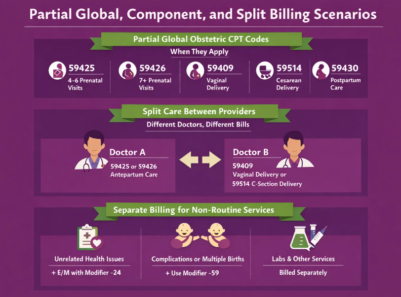Key scenarios where different billing rules apply in OBGYN.