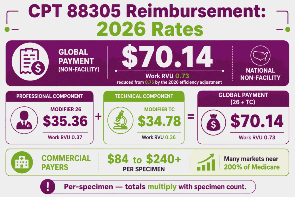 CPT 88305 cost infographic showing the 2026 Medicare global rate split into professional and technical components plus the commercial range