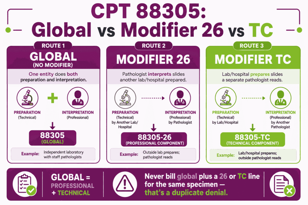 Infographic showing when to bill CPT 88305 globally versus with modifier 26 or TC based on which entity performs technical and professional work