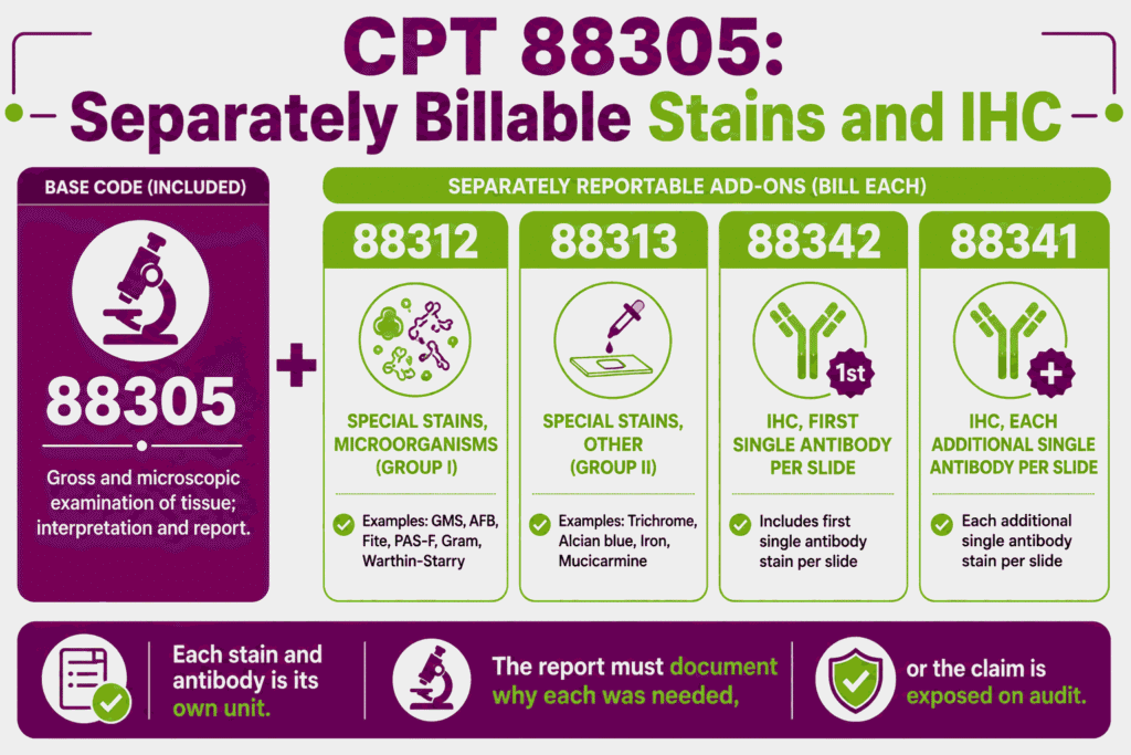 Infographic showing special stains and immunohistochemistry codes 88312, 88313, 88341, and 88342 are billed separately from CPT 88305