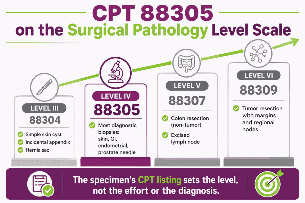 Level-scale infographic placing CPT 88305 at Level IV between 88304, 88307, and 88309 by specimen complexity