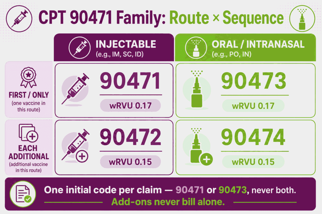 Matrix infographic showing CPT 90471, 90472, 90473, and 90474 split by injectable versus oral route and initial versus add-on sequence