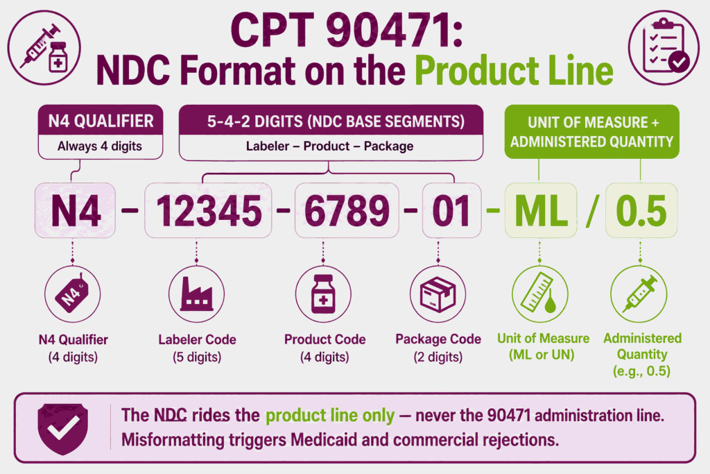 Infographic breaking down the 11-digit NDC 5-4-2 format with N4 qualifier required on the CPT 90471 vaccine product line