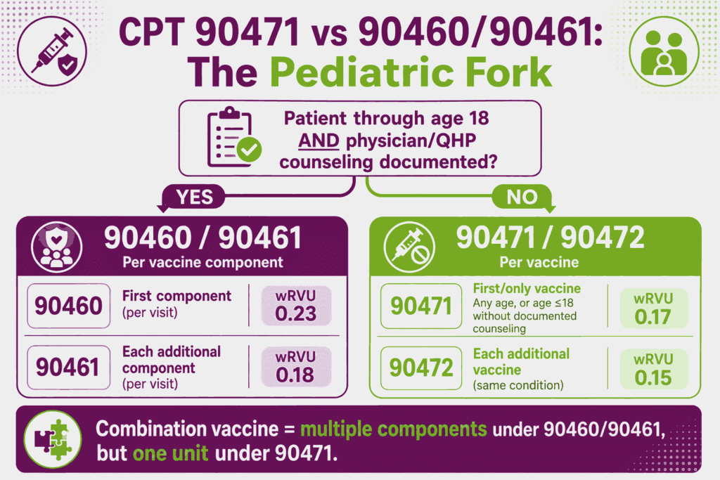 Decision infographic showing when pediatric vaccine administration uses CPT 90471 versus counseling-based 90460 and 90461