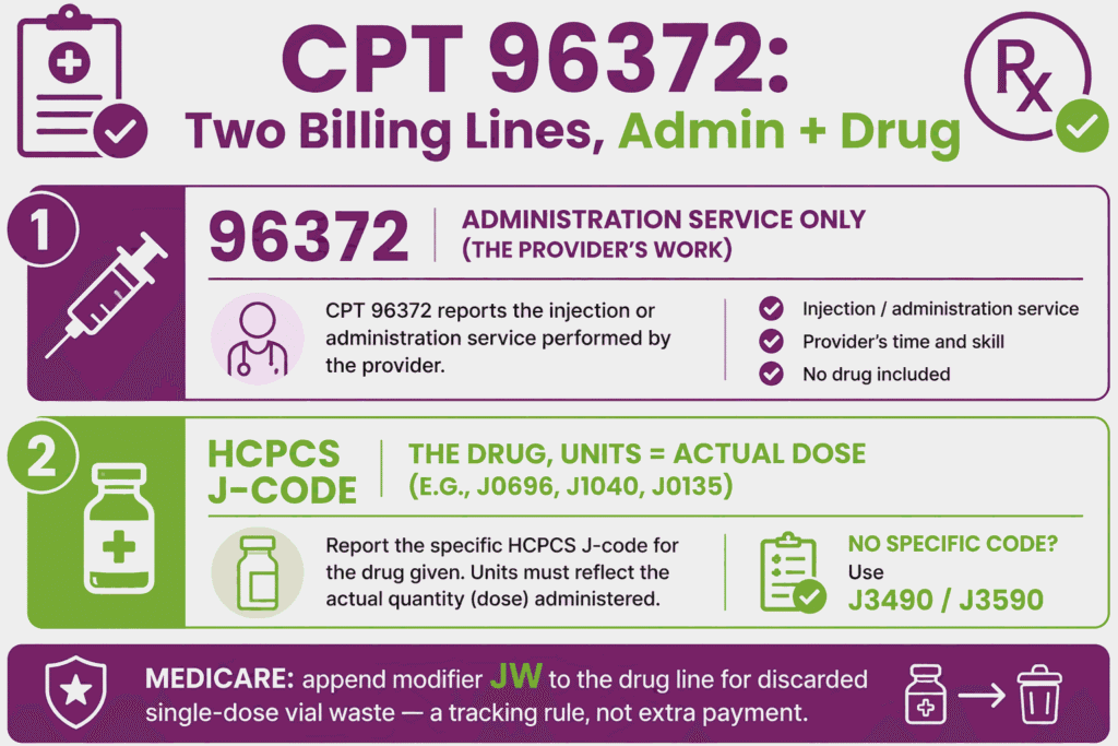 Infographic showing CPT 96372 billed as an administration line plus a separate HCPCS J-code drug line with JW wastage note
