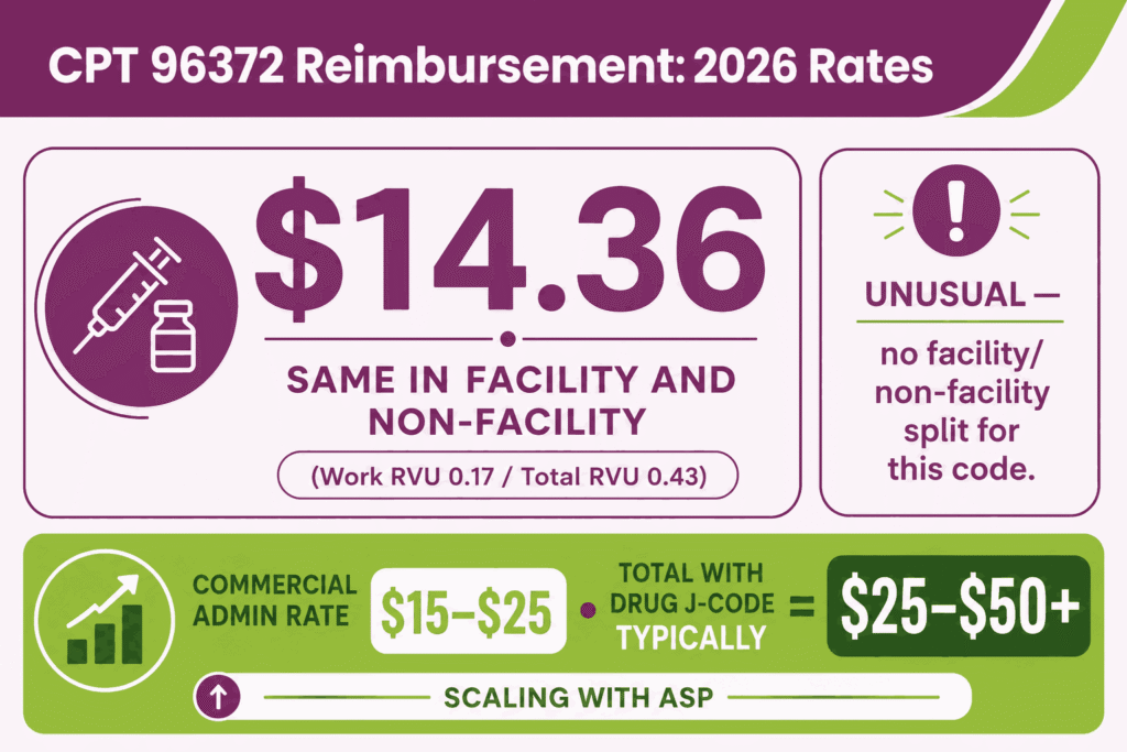 CPT 96372 cost infographic showing the flat 2026 Medicare administration rate plus separate drug reimbursement via J-code
