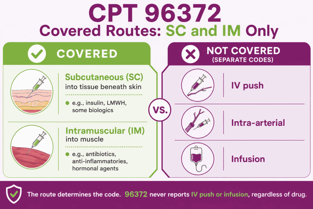 Infographic showing CPT 96372 covers subcutaneous and intramuscular routes only, excluding IV push, intra-arterial, and infusion