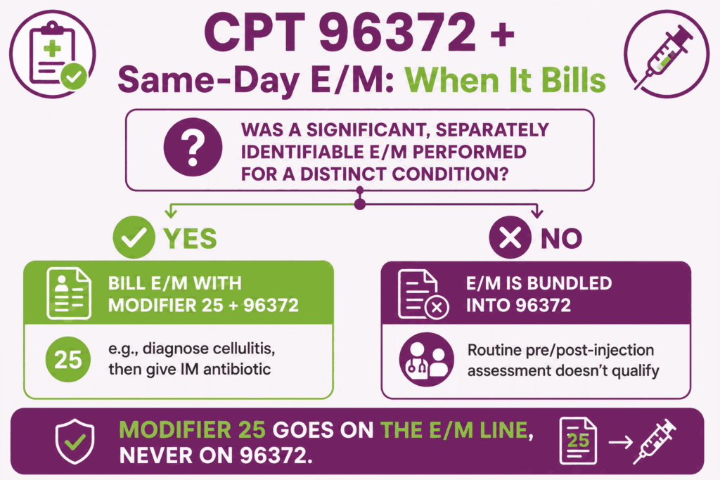 Decision infographic showing when a same-day E/M is separately billable with CPT 96372 using modifier 25