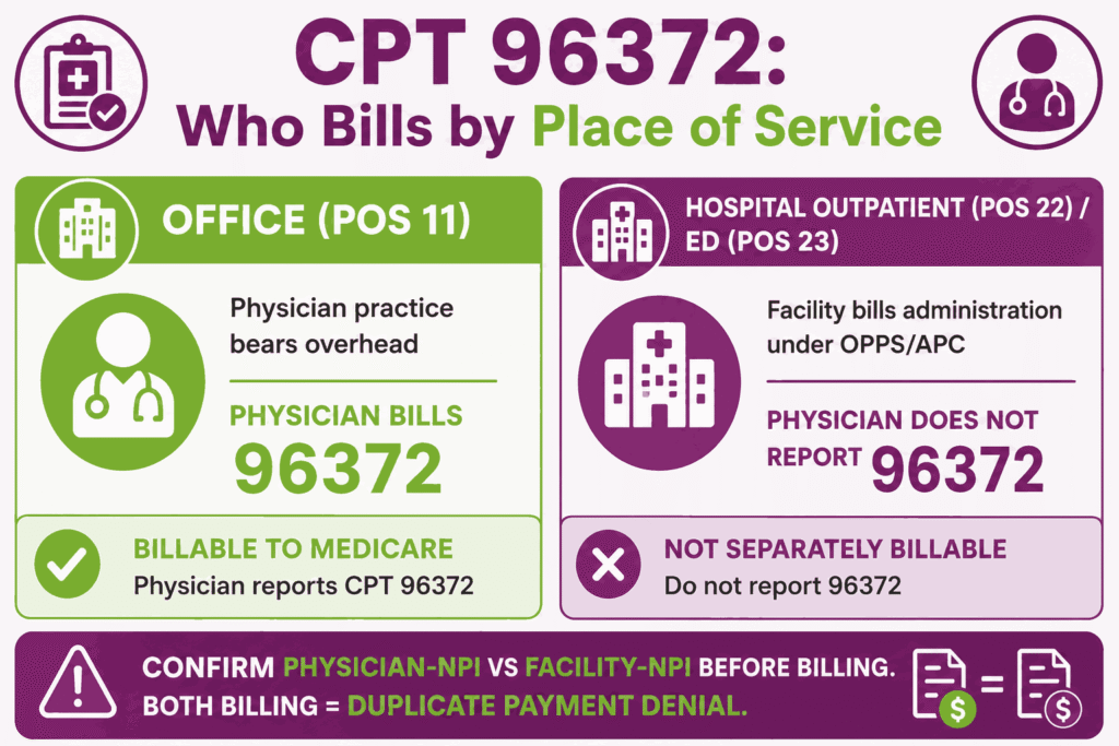 Infographic contrasting who bills CPT 96372 administration in office POS 11 versus hospital outpatient and ED facility settings