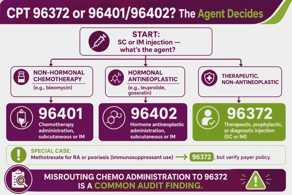 Decision flow infographic showing when to bill CPT 96372 versus 96401 or 96402 based on whether the agent is a chemotherapy drug