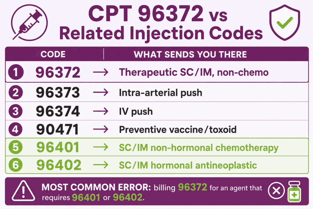 Comparison infographic routing CPT 96372 against 96373, 96374, 90471, 96401, and 96402 by route and drug type