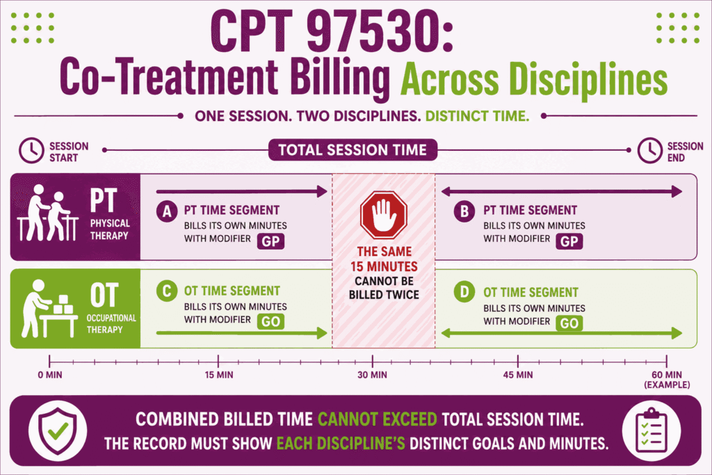 Infographic showing co-treatment billing rules for CPT 97530 where each discipline bills only its own distinct minutes in a shared session