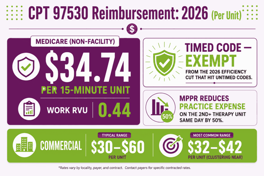 CPT 97530 cost infographic showing the 2026 Medicare per-unit rate, timed-code exemption, and commercial range