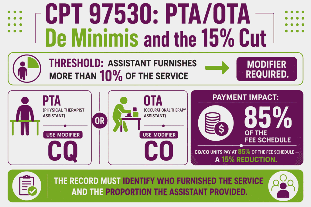 Infographic showing the PTA/OTA de minimis 10 percent standard and the 15 percent CQ/CO payment reduction for CPT 97530
