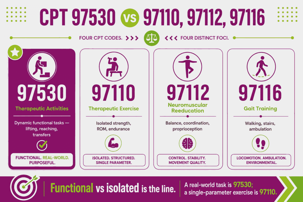 Comparison infographic distinguishing CPT 97530 therapeutic activities from 97110, 97112, and 97116 by clinical focus