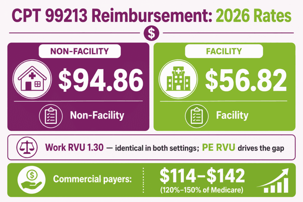 CPT 99213 cost infographic showing 2026 Medicare non-facility and facility rates and commercial payer range