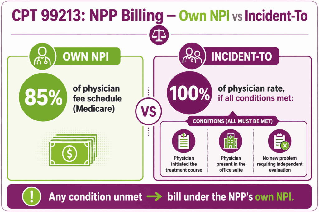 Infographic comparing NPP billing of CPT 99213 under own NPI at 85 percent versus incident-to at 100 percent with conditions