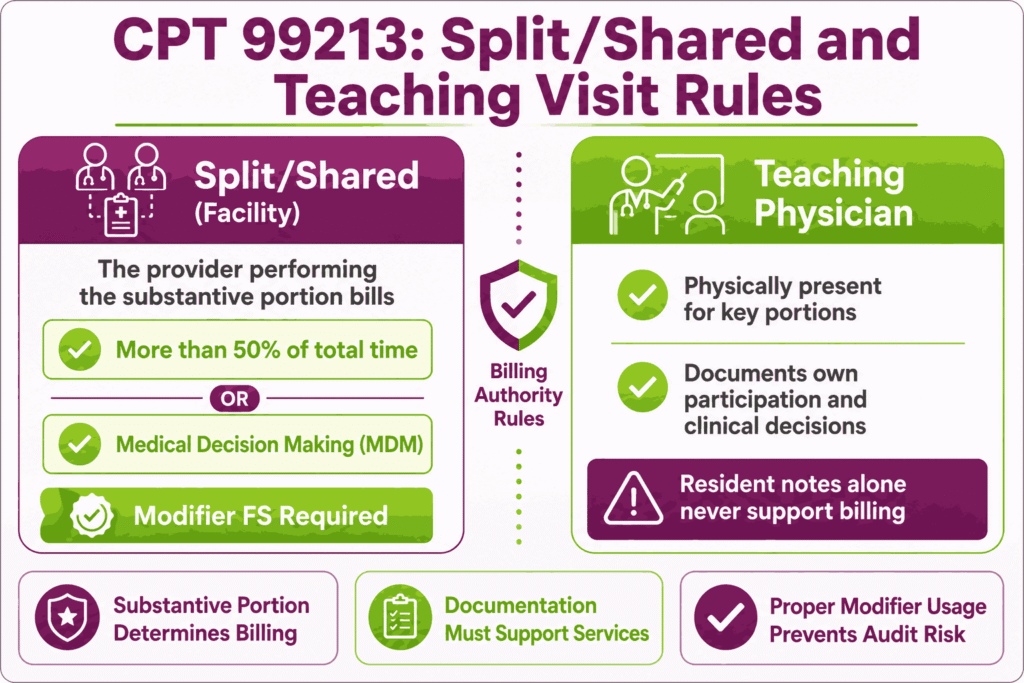 Infographic of CPT 99213 split shared visit rules and teaching physician attestation requirements