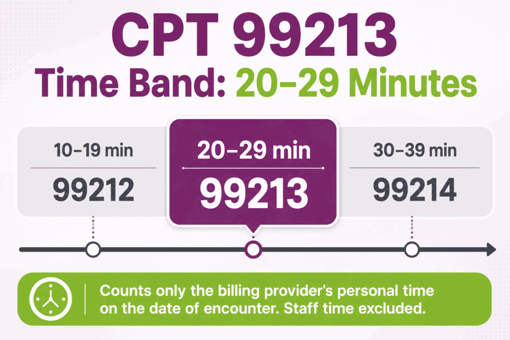Time-band infographic showing CPT 99213 requires 20 to 29 minutes, between 99212 and 99214 thresholds