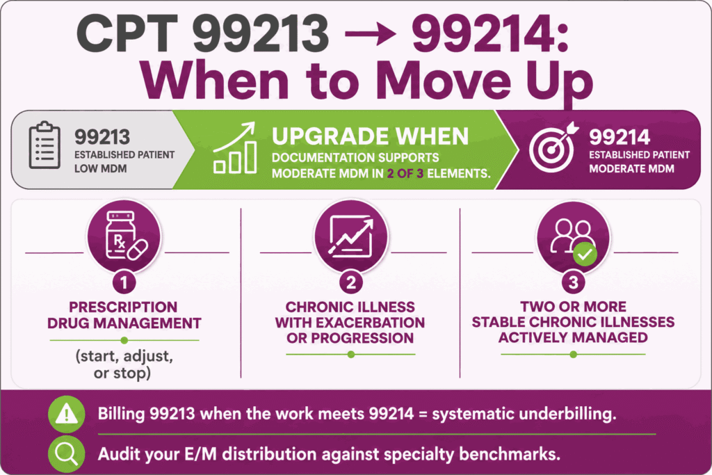Infographic showing the three triggers that upgrade a visit from CPT 99213 to 99214 and the downcoding risk