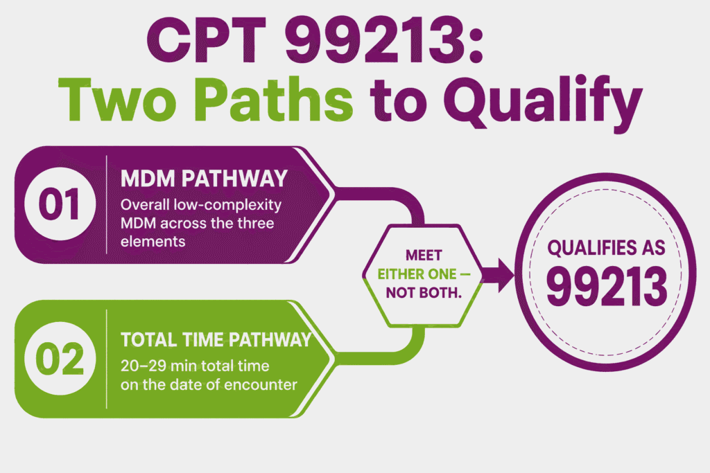 Infographic showing the two independent pathways to qualify for CPT 99213, low-complexity MDM or 20 to 29 minutes total time