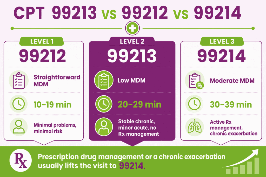 Comparison infographic of CPT 99212, 99213, and 99214 by MDM level, total time, and typical visit type