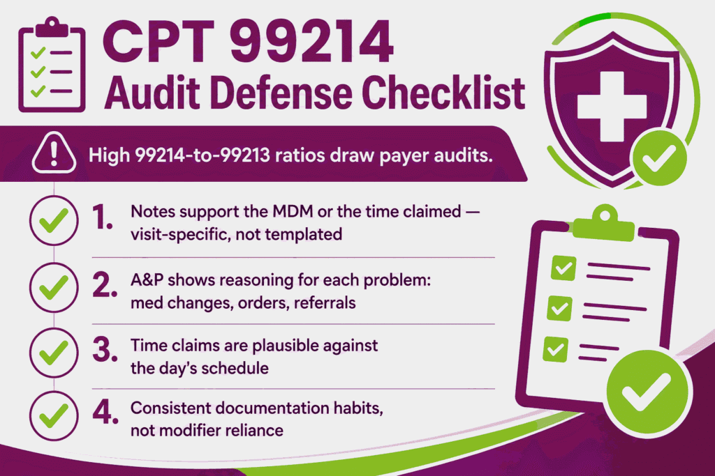 Checklist infographic for defending CPT 99214 claims against payer audits through documentation integrity