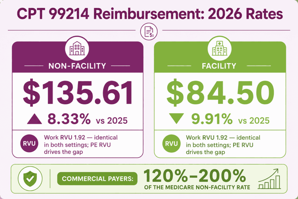 CPT 99214 cost infographic showing 2026 Medicare non-facility and facility rates with year-over-year changes and commercial range