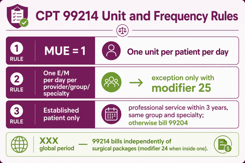 Infographic of CPT 99214 unit limits, one-E/M-per-day rule, and established patient requirement