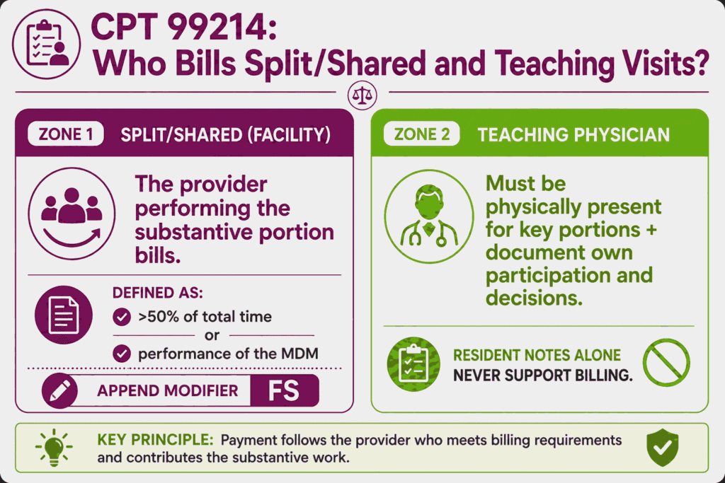 Infographic of CPT 99214 split shared visit billing rules and teaching physician attestation requirements