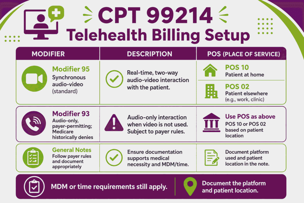 Infographic of CPT 99214 telehealth billing rules showing modifier 95, POS 10 and 02 pairing, and audio-only caution