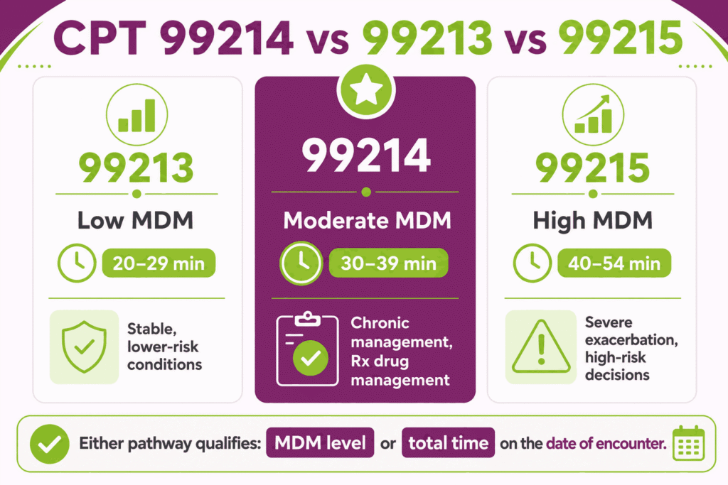 Comparison infographic of CPT 99213, 99214, and 99215 by MDM level, total time band, and typical visit type