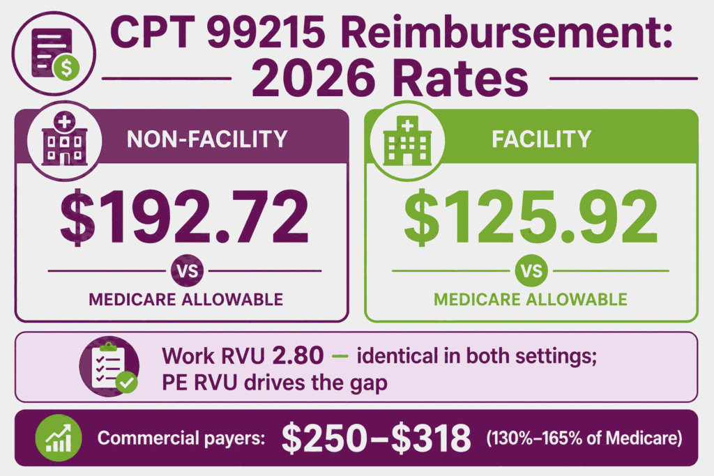 CPT 99215 cost infographic showing 2026 Medicare non-facility and facility rates and commercial payer range