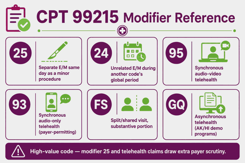 Reference-grid infographic of CPT 99215 modifiers 25, 24, 95, 93, FS, and GQ with usage notes