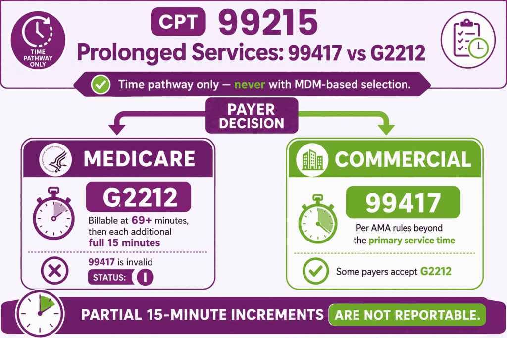 Infographic showing prolonged service add-ons for CPT 99215, G2212 for Medicare at 69-plus minutes versus 99417 for commercial payers