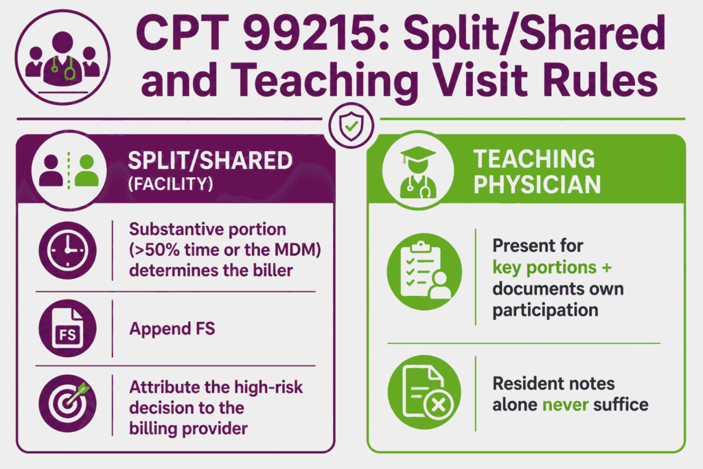 Infographic of CPT 99215 split shared visit and teaching physician documentation requirements