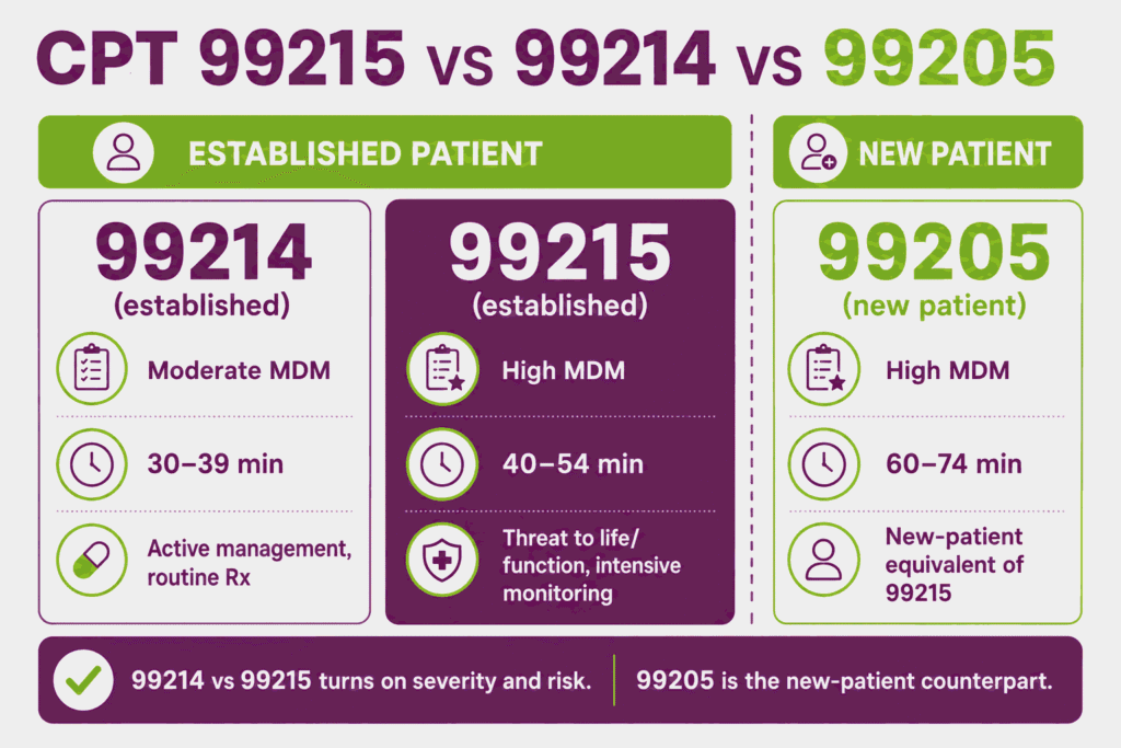 Comparison infographic of CPT 99214, 99215, and new patient code 99205 by MDM level, time, and patient status