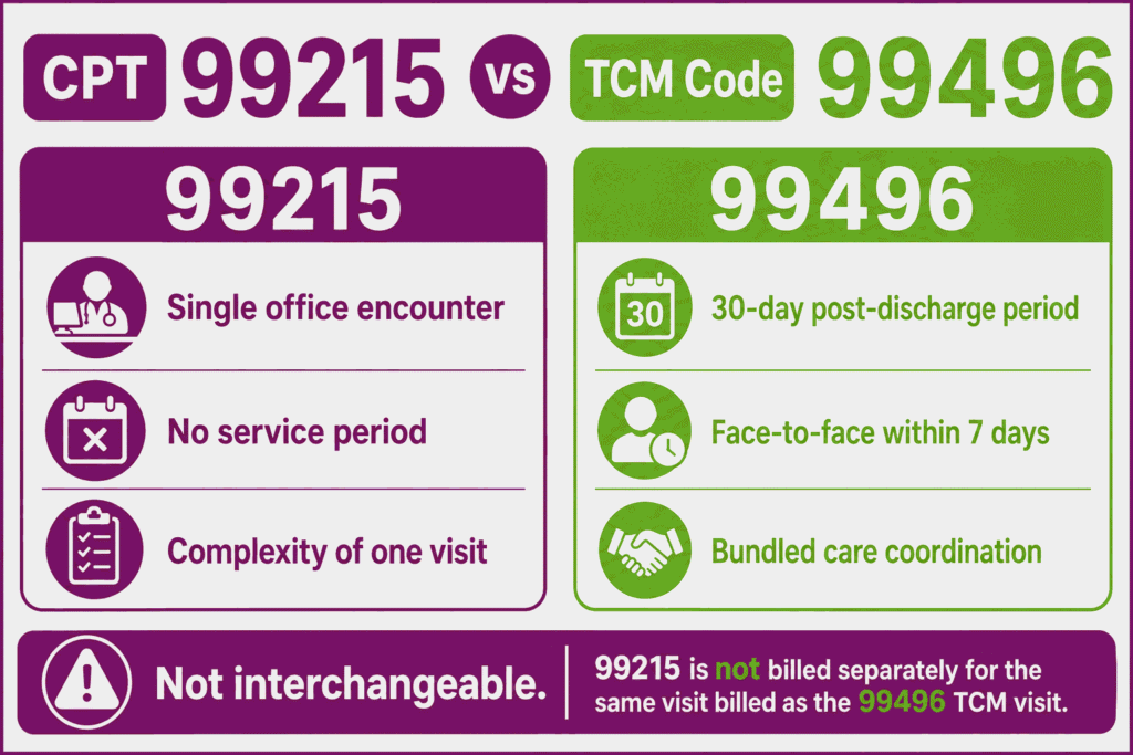 Comparison infographic contrasting single-encounter CPT 99215 with high-complexity transitional care management code 99496