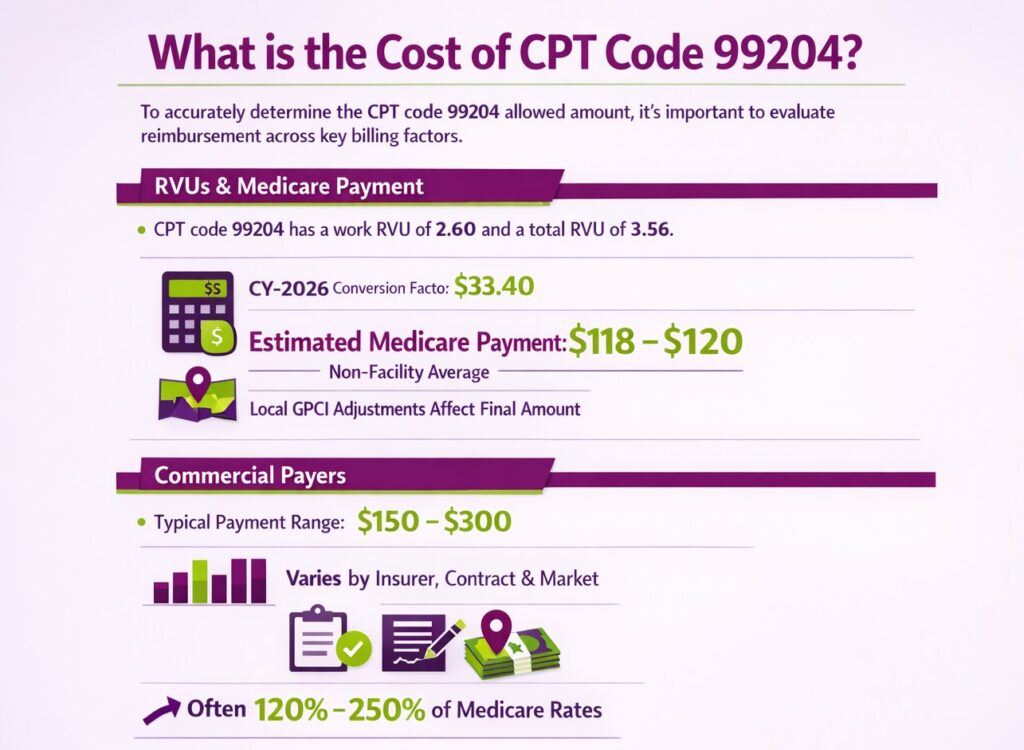 medicare and commerical cost of cpt code 99204