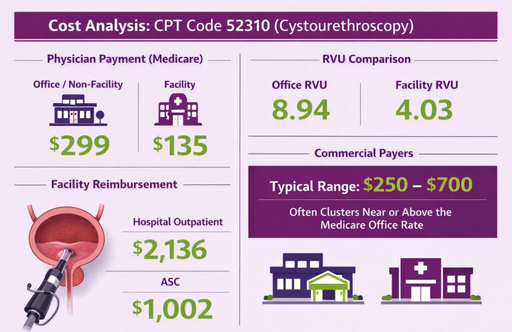 medicare and commercial cost of cpt code 52310