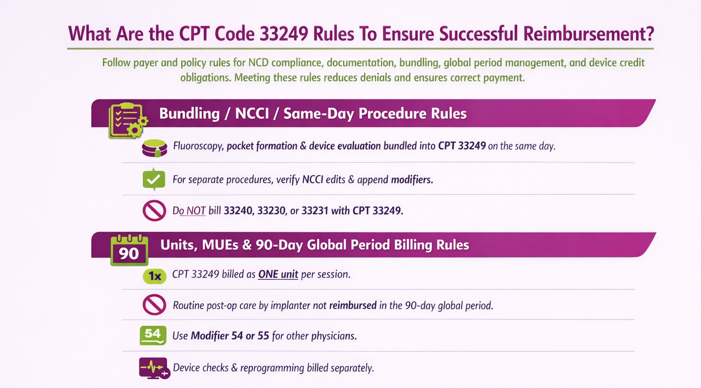 CPT Code 33249: Description, Cost, Scenarios, and Rules
