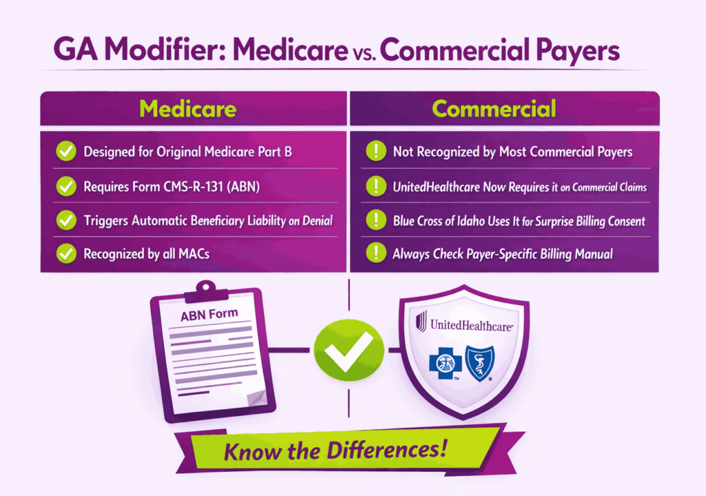 GA Modifier Medicare vs Commercial Payers