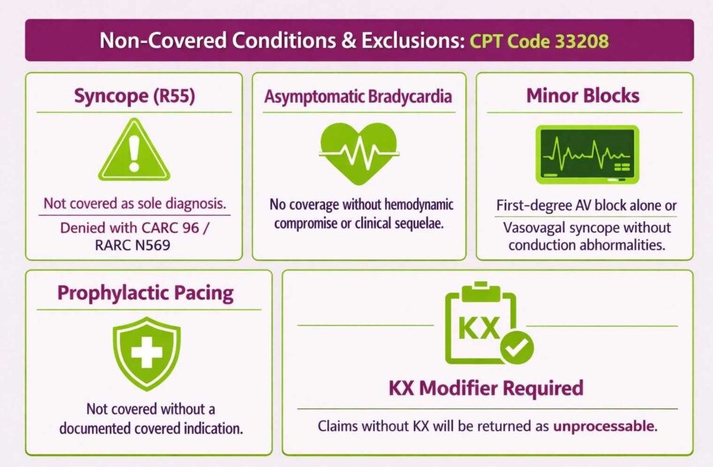 Non covered conditions and exclusions for CPT code 33208