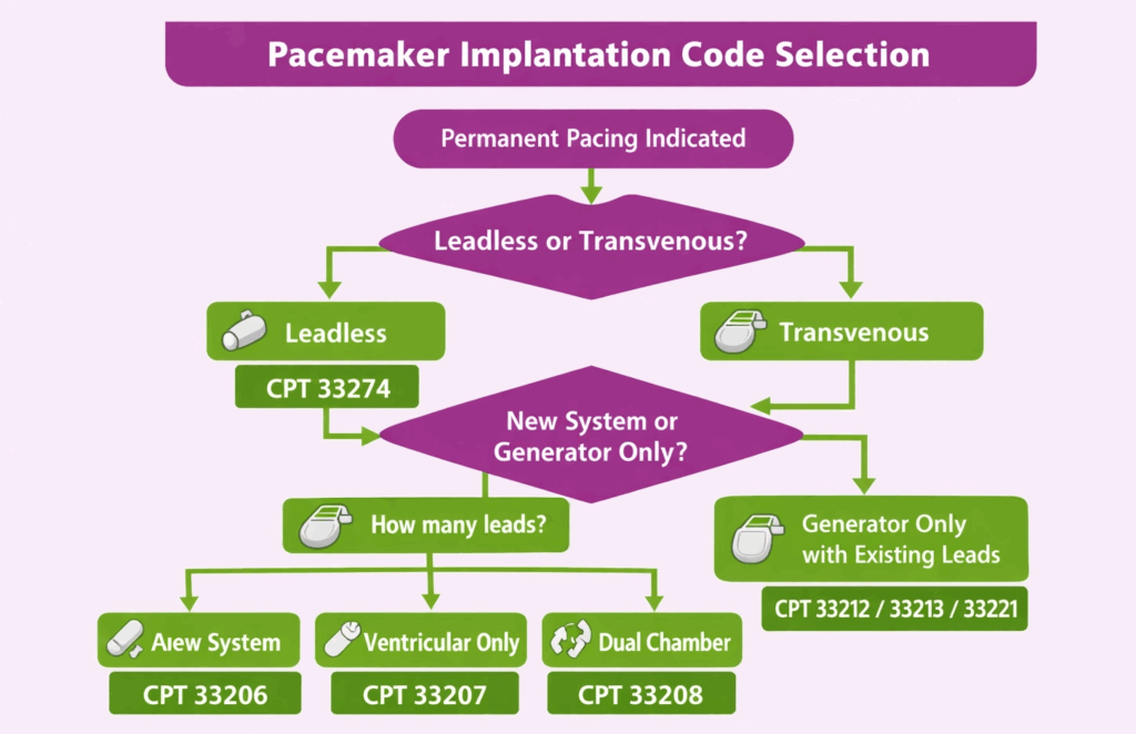 Pacemaker implantation code selection