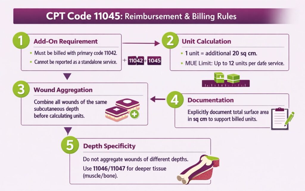 Reimbursement and billing rules for CPT code 11045