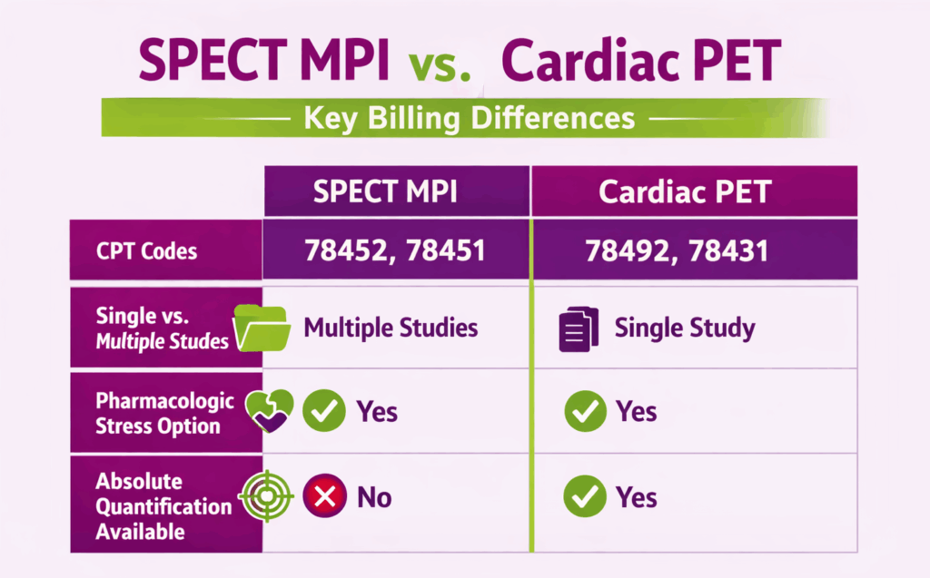Spect MPI vs Cardiac Pet keys billing differences