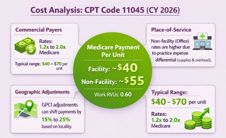 CPT Code 11045: Description, Cost, Scenarios, and Rules